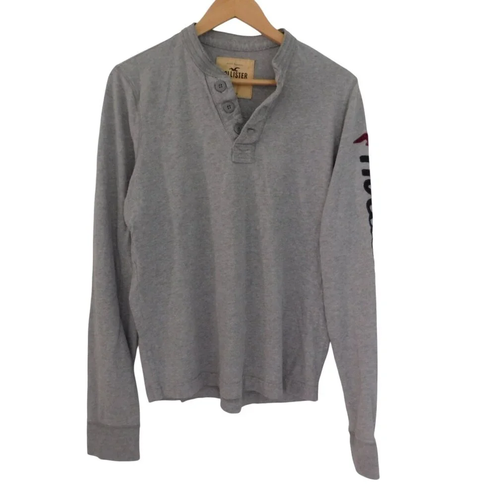 Hollister Henley Shirt Mens Large Gray Quarter Button Up Cotton Arm Spellout Y2K